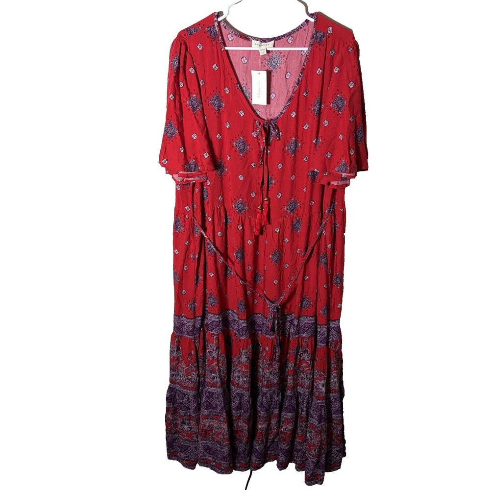 Aveology Dress Women's 22/24 Shift Belted Boho Cottage Maxi Long V-Neck NWT